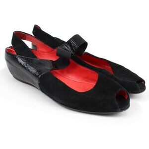 Pas De Rouge Silvia Black Suede/Naplak Leather Mary Jane Wedge Flats 38.5 Italy